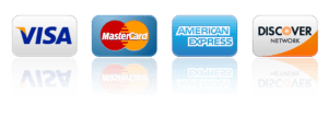 We Accept Visa, Mastercard, American Express, Discover, Diners Club, and JCB Credit Cards
